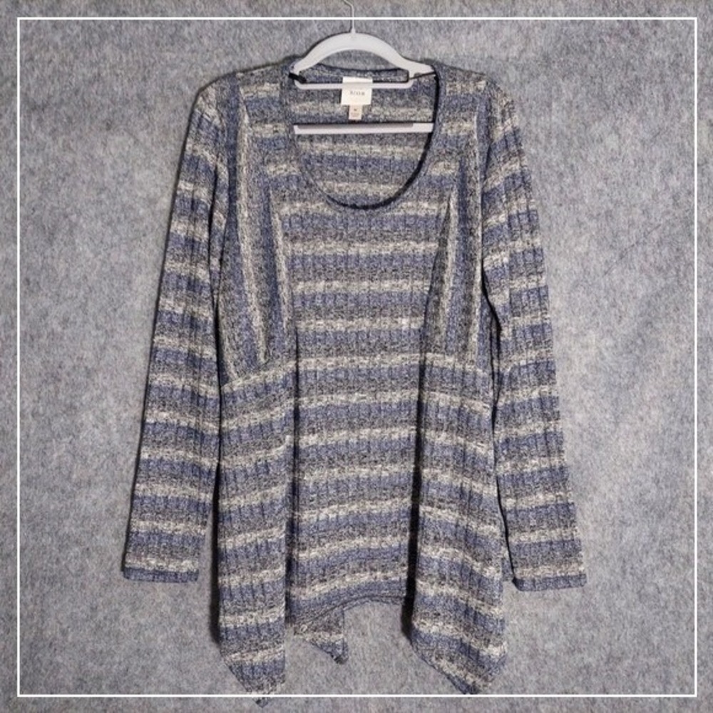 Knox Rose Tunic M Lagenlook Striped Ribbed Knit Long Slv Silver Metallic Disco